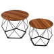 Set of 2 rustic brown round coffee tables with pentagonal steel bases, ideal for versatile use in any living space.